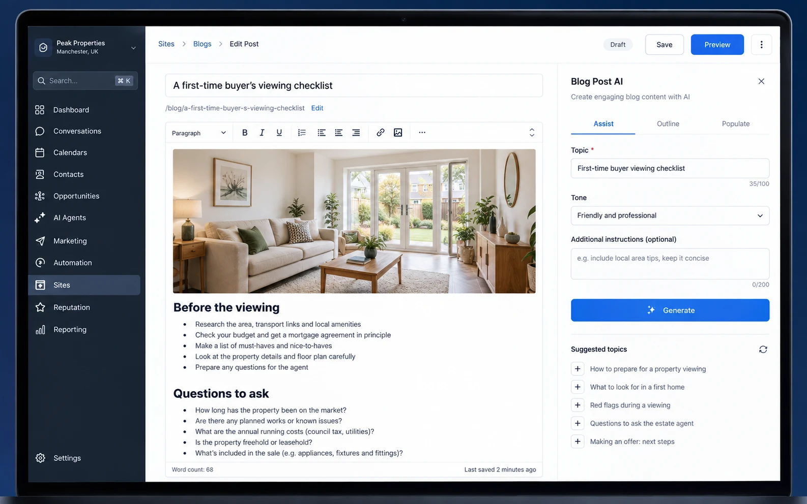 GHL service example: Sites / Blogs