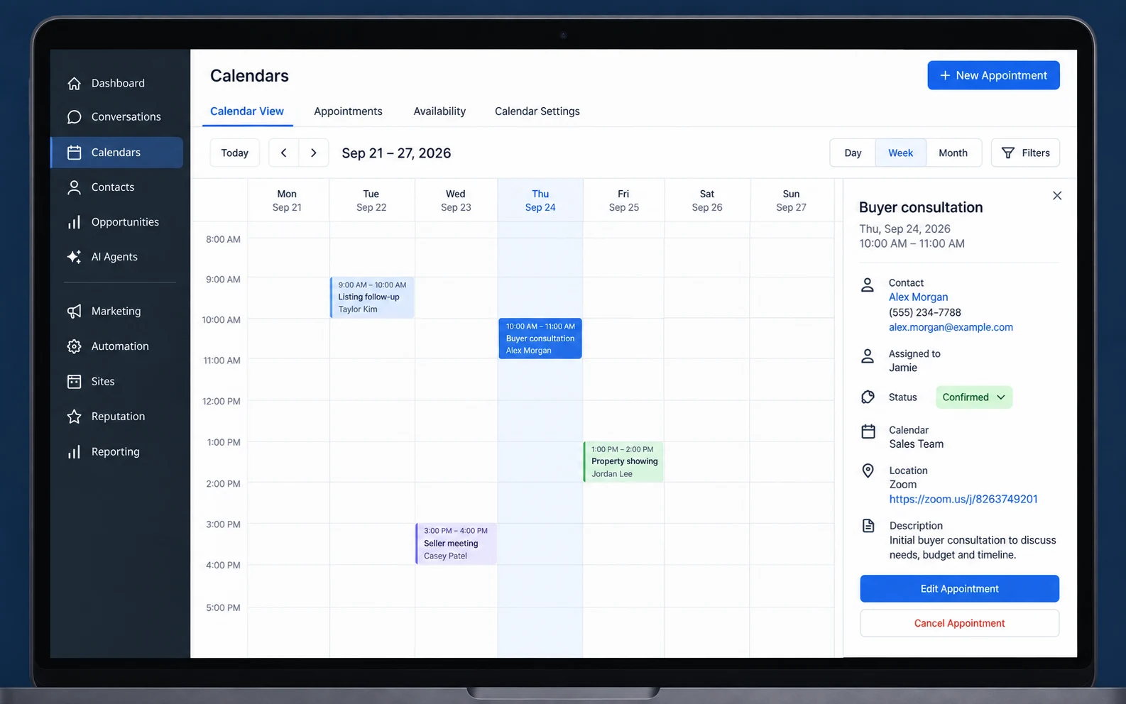 GHL service example: Calendars / Calendar view