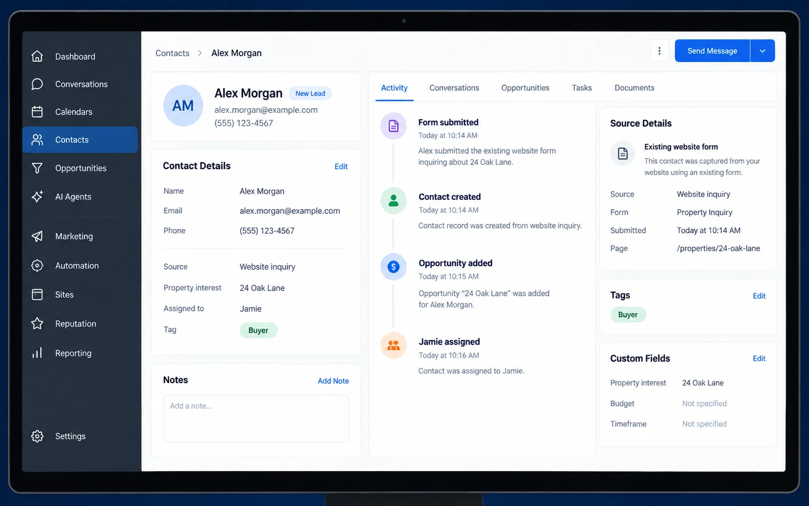 GHL service example: Contacts / Source and activity