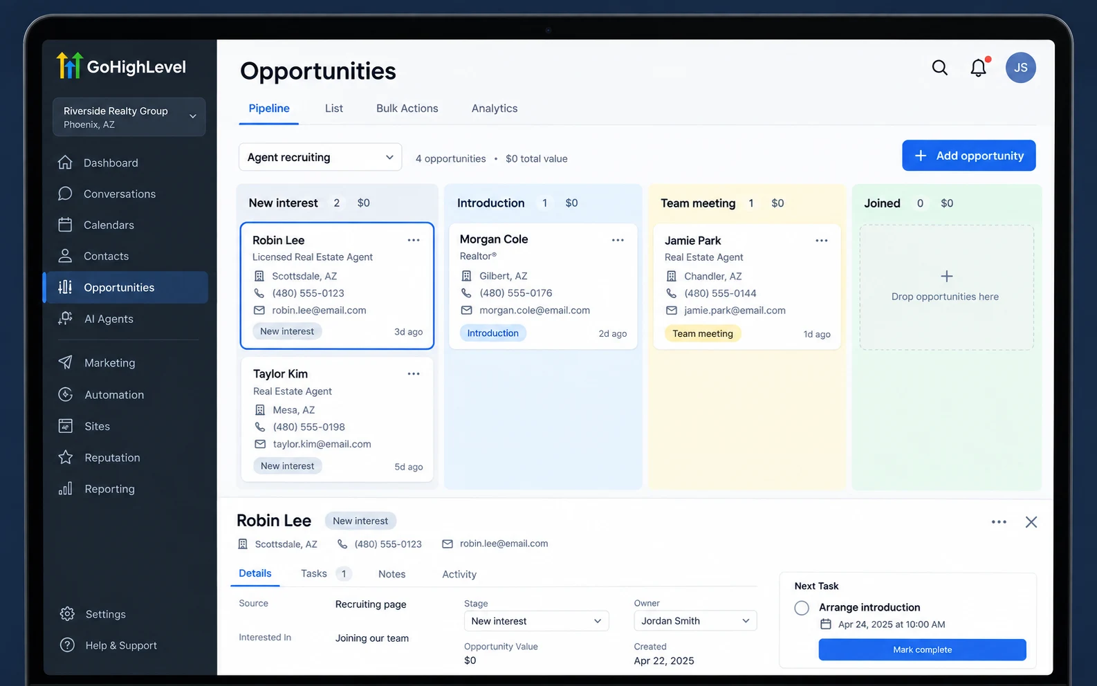 GHL service example: Opportunities / Agent recruiting
