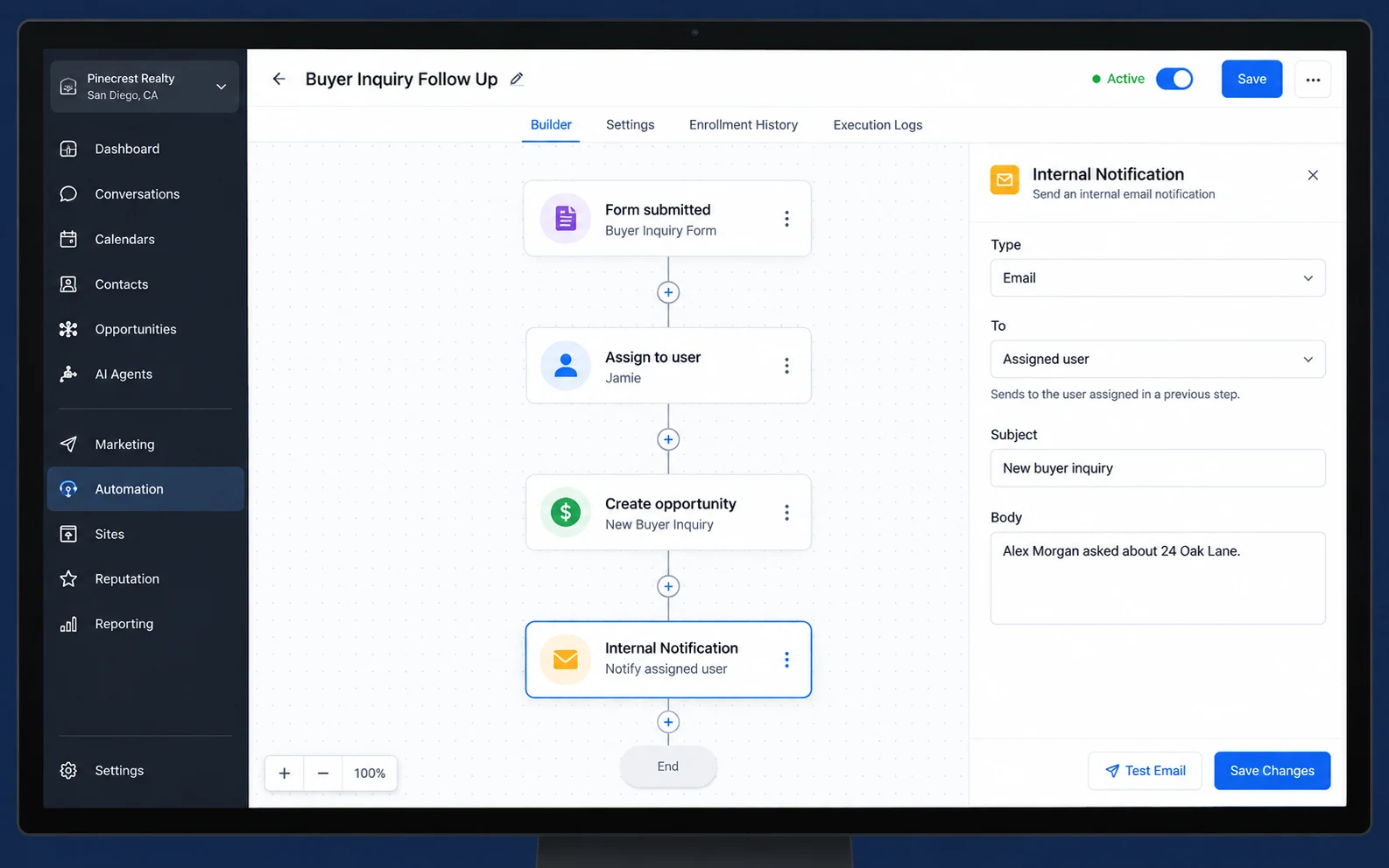 GHL service example: Automation / Internal notification